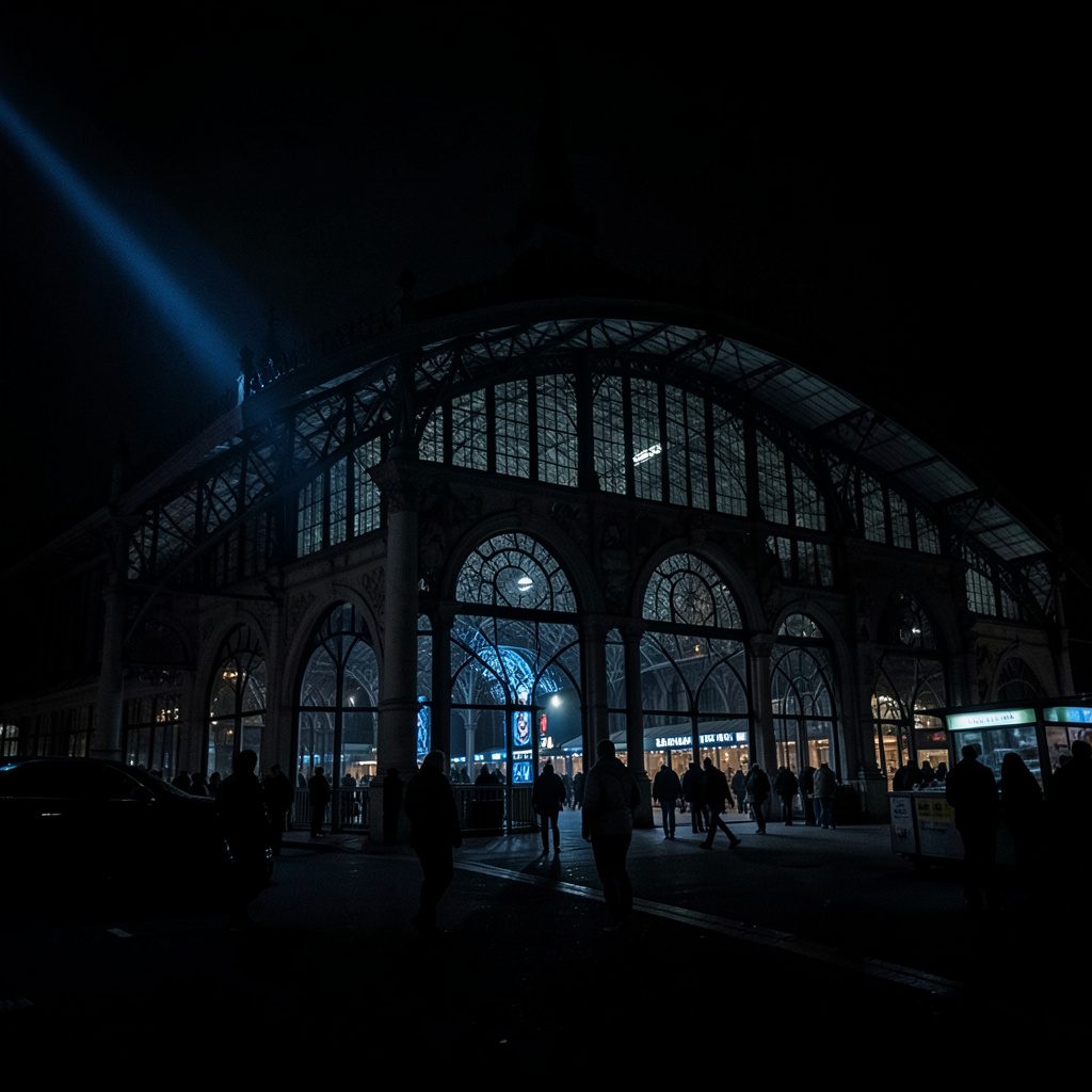 Dark, moody wide view of a historic covered market hall interior with deep shadows and warm low light